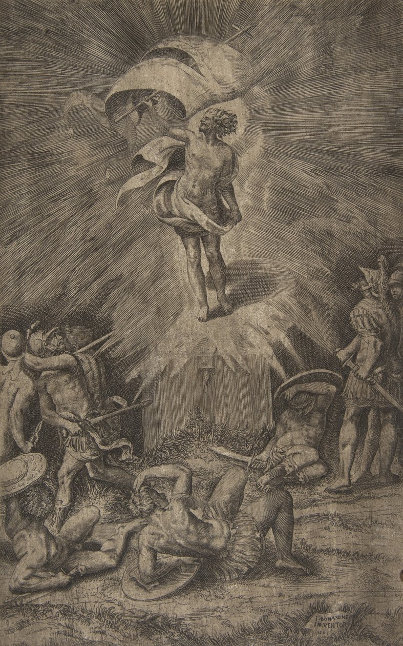 Kristi oppstandelse, med et banner i sin høyre hånd, soldater rundt t..., 1561. av Giulio Bonasone