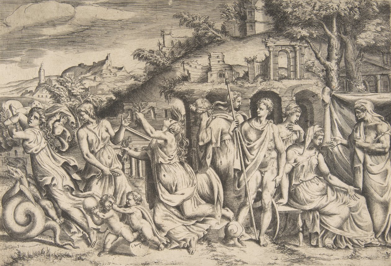 Historien om Jason og Medea til venstre bærer hun av sønnen, i midten er hun ..., 1531-76. av Giulio Bonasone