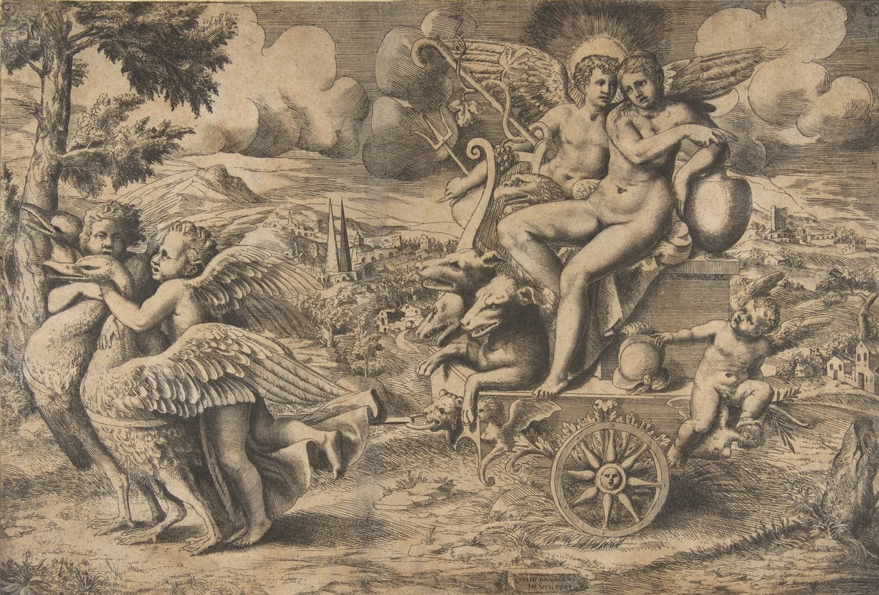 Triumfen til Amor og Psyke som sitter på en vogn trukket av to fugler hviler..., ca. 1550-67. av Giulio Bonasone
