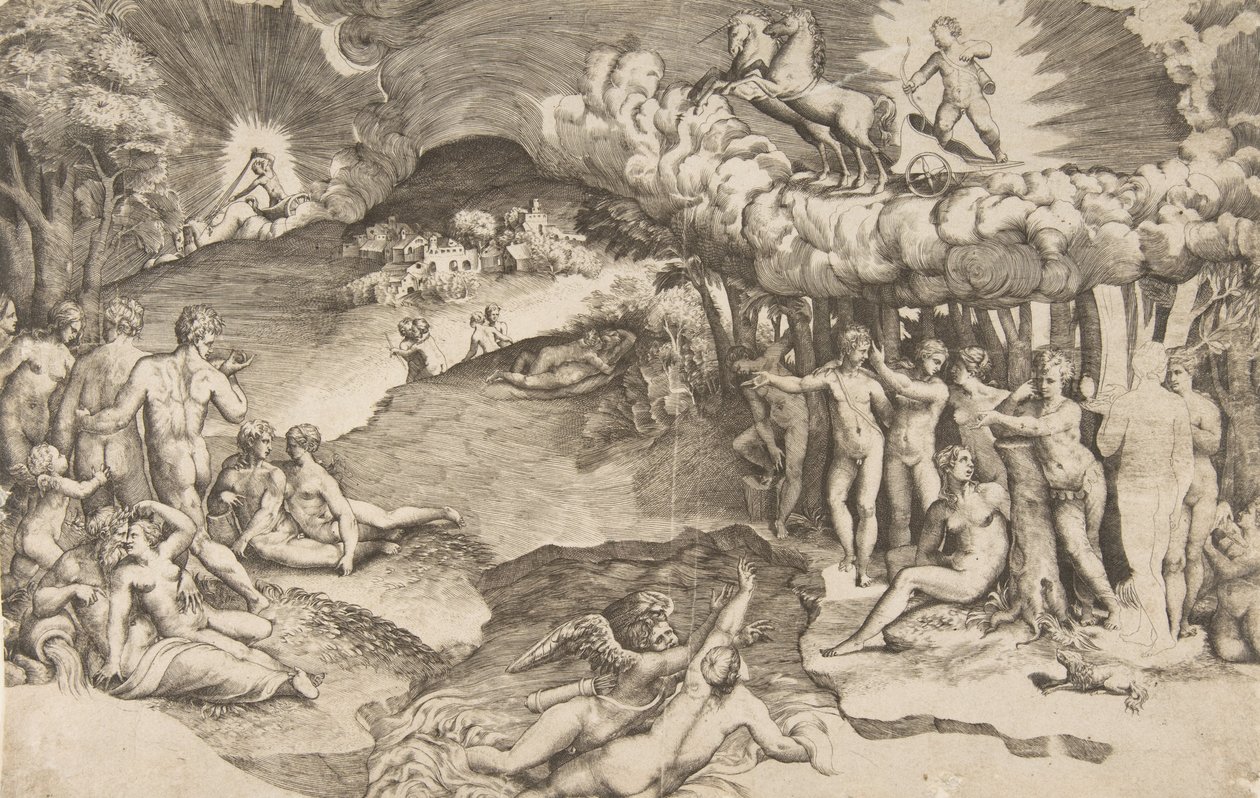 Kjærlighetens triumf, amor som kjører på en vogn trukket av enhjørning, er øverst til høyre, naken ..., 1545. av Giulio Bonasone
