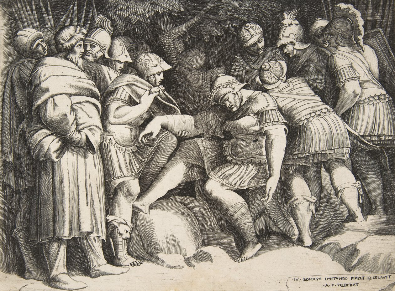 Den sårede soldaten Scipio i sentrum omgitt av figurer, 1531-76. av Giulio Bonasone