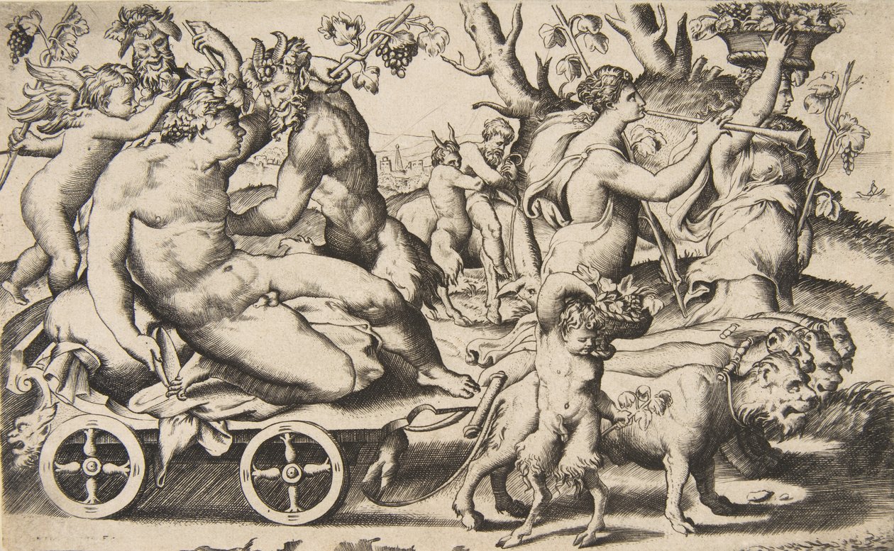 Triumf av Bacchus som sitter på en vogn til venstre, 1531-76. av Giulio Bonasone