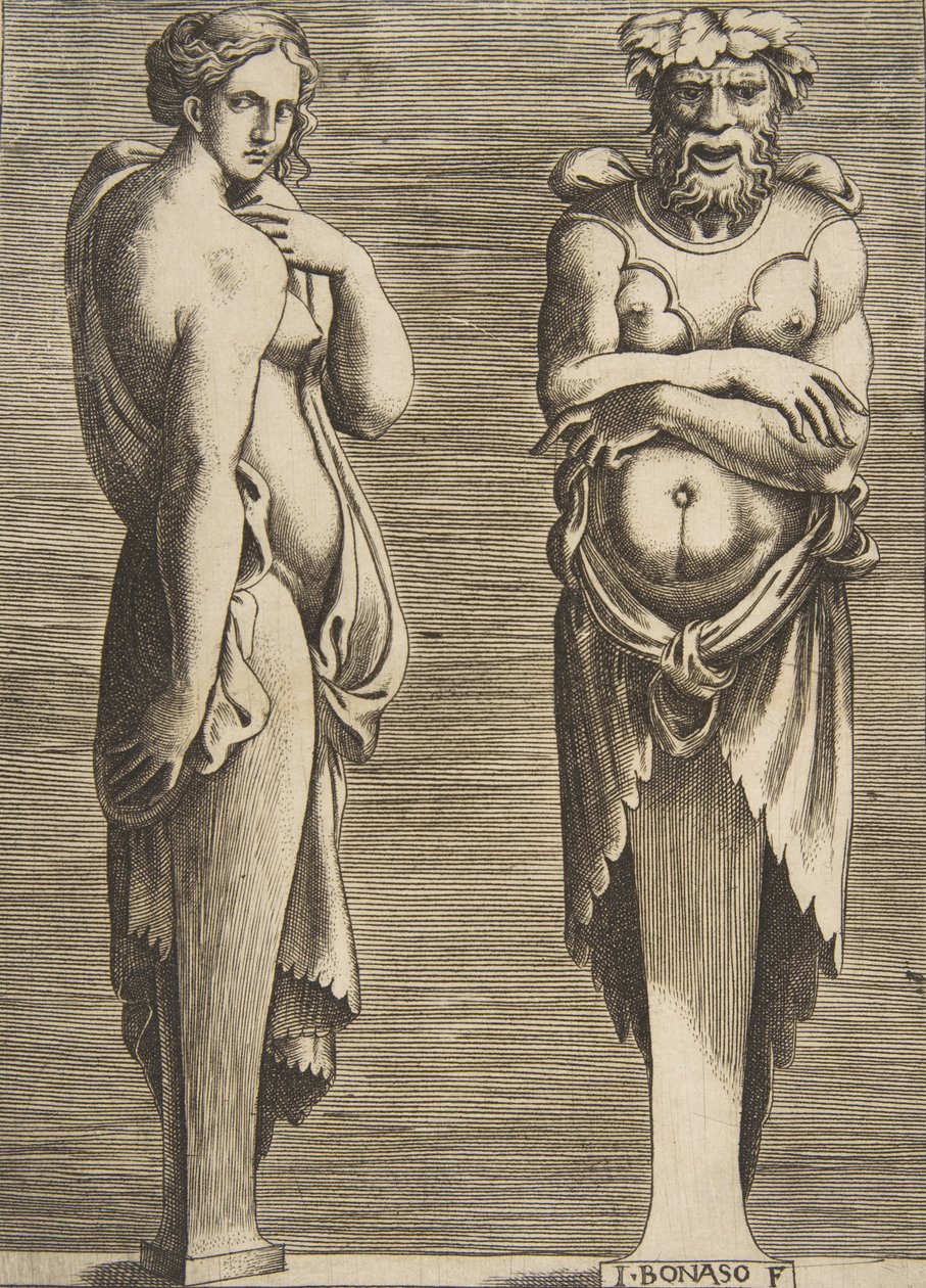 Two Terms, en nymfe til venstre Silvanus til høyre, ca. 1530-50. av Giulio Bonasone