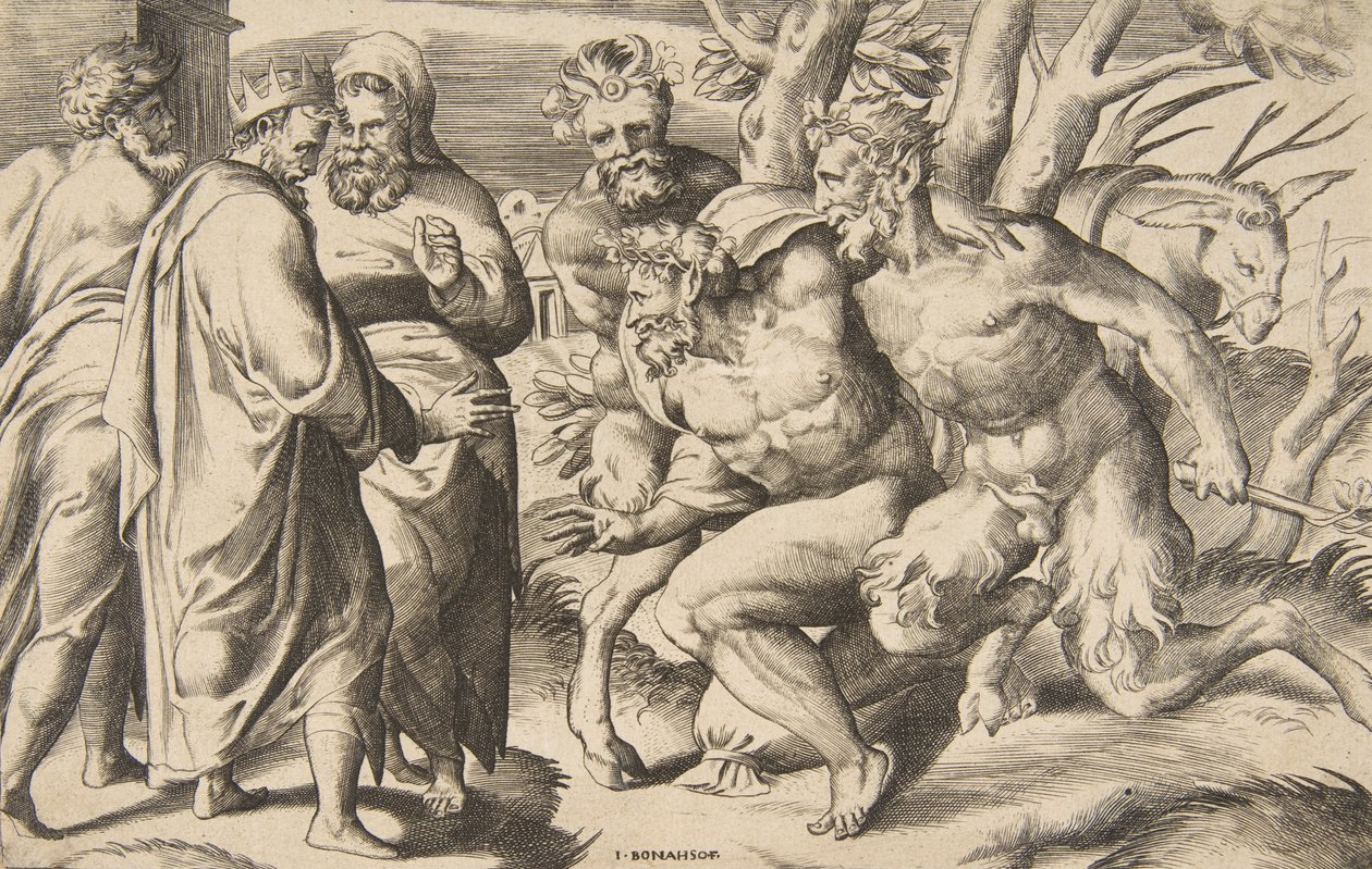 To satyrer som bringer Silenus-kongen Midas stående til venstre, 1531-76. av Giulio Bonasone