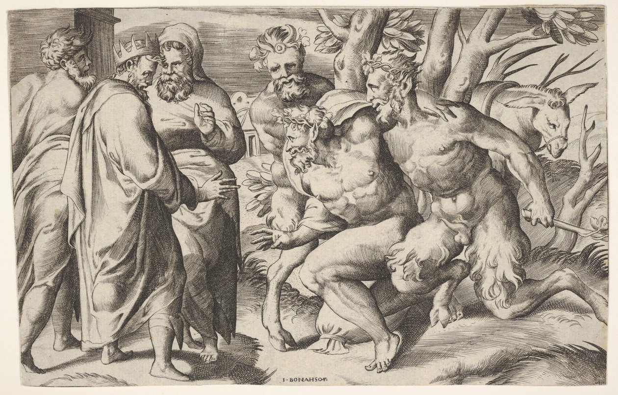 To satyrer som leder Silenus til kong Midas, som står til venstre med to mannlige representanter..., ca. 1550-80. av Giulio Bonasone