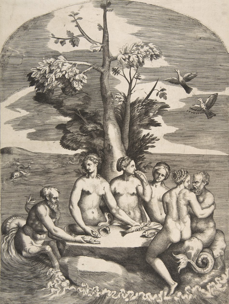 To havguder akkompagnert av fire nymfer, 1531-76. av Giulio Bonasone