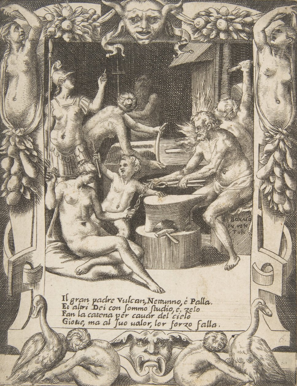 Vulkan, Neptun, Athena og andre guder som lager sjakler for å trekke Jupiter fra himmelen..., 1531-76. av Giulio Bonasone
