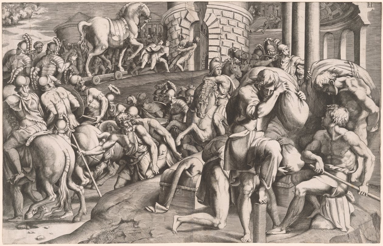 Trojanerne drar trehesten inn i Troja av Giulio Bonasone, after Francesco Primaticcio