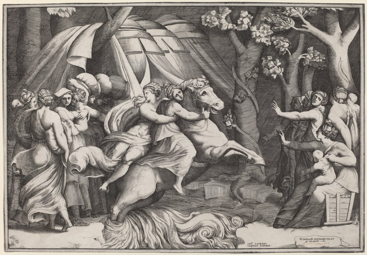 Clelia krysser Tiberen av Giulio Bonasone after Polidoro da Caravaggio