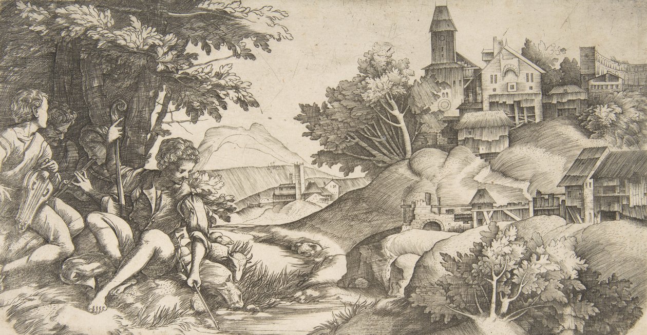Til venstre fire gjetere med musikkinstrumenter under en gruppe trær..., ca. 1517 av Giulio Campagnola