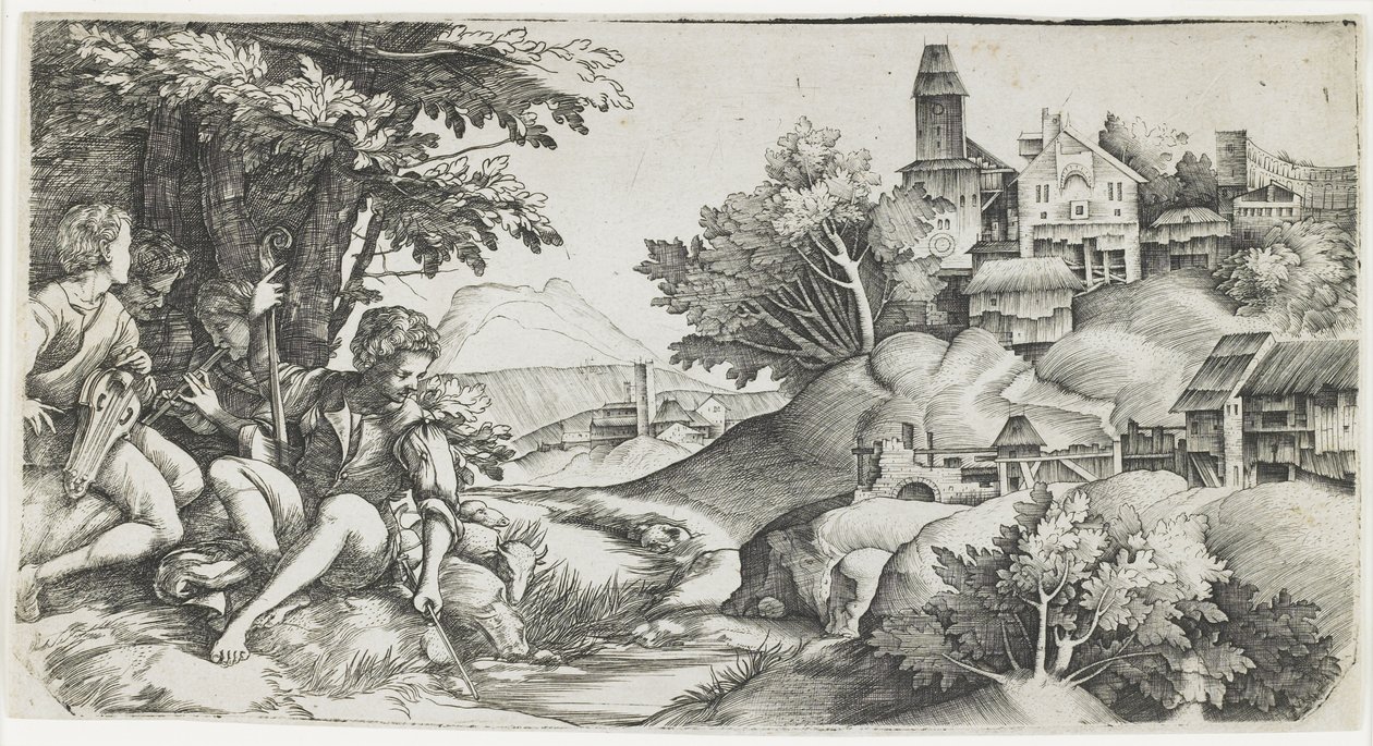 Hyrder i et landskap, ca. 1517-1518 av Giulio Campagnola