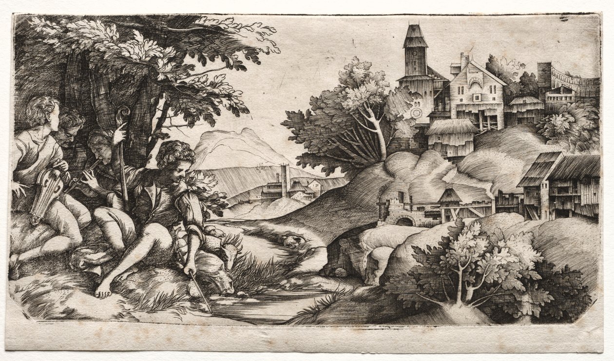 Hyrder i et landskap, ca. 1517. av Giulio Campagnola