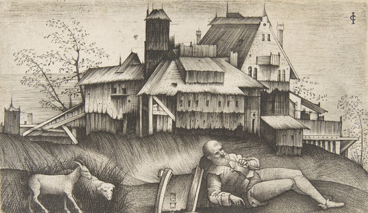 Den gamle gjeteren liggende i et landskap, bygninger bak, en geit og en sau til th..., ca. 1500-1515. av Giulio Campagnola