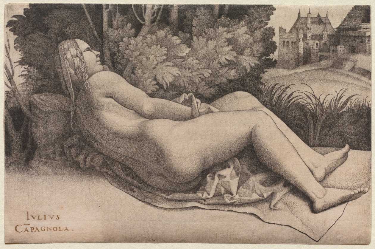 Venus liggende i et landskap, ca. 1508-09 av Giulio Campagnola