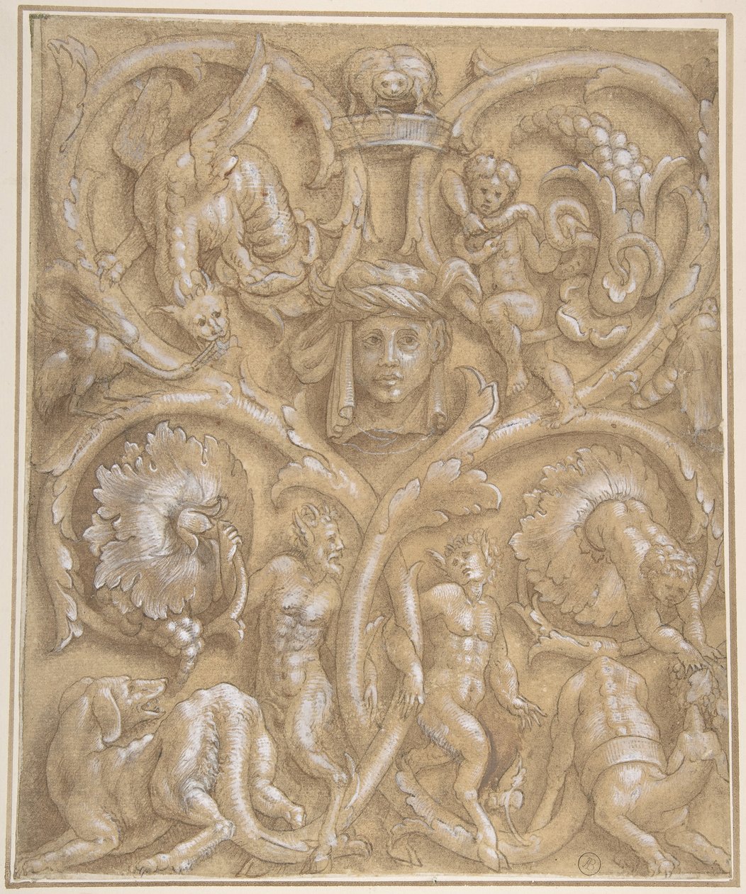 Design for et dekorativt panel med Rinceaux, Satyrs, Putti, monstre og et menneskehode, 1535-45. av Giulio Campi.