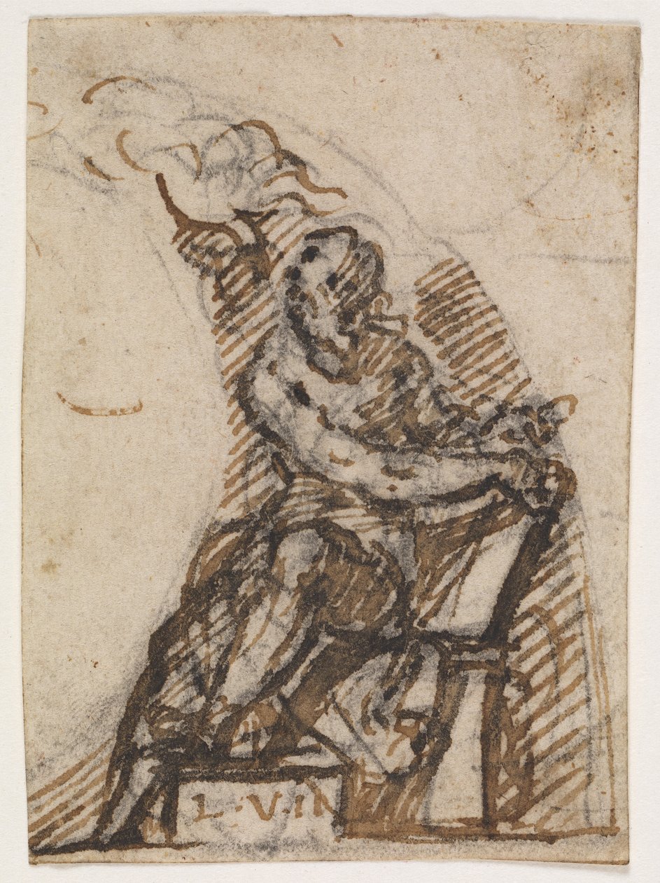 Sittende mann med skrivebrett(?). Arkitektur detalj av Giulio Campi