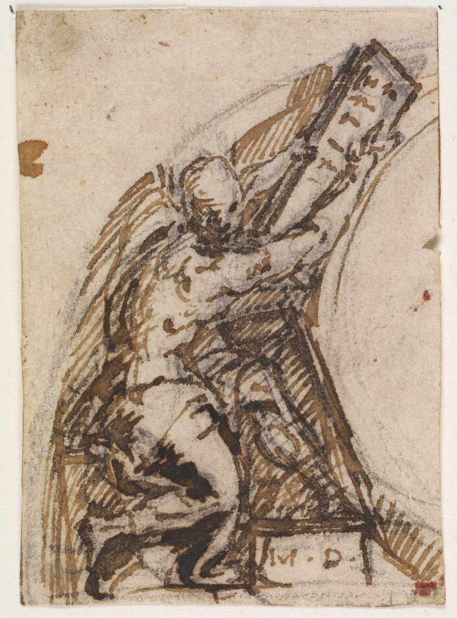 Sittende mann med skrivebrett(?). Arkitektur detalj av Giulio Campi