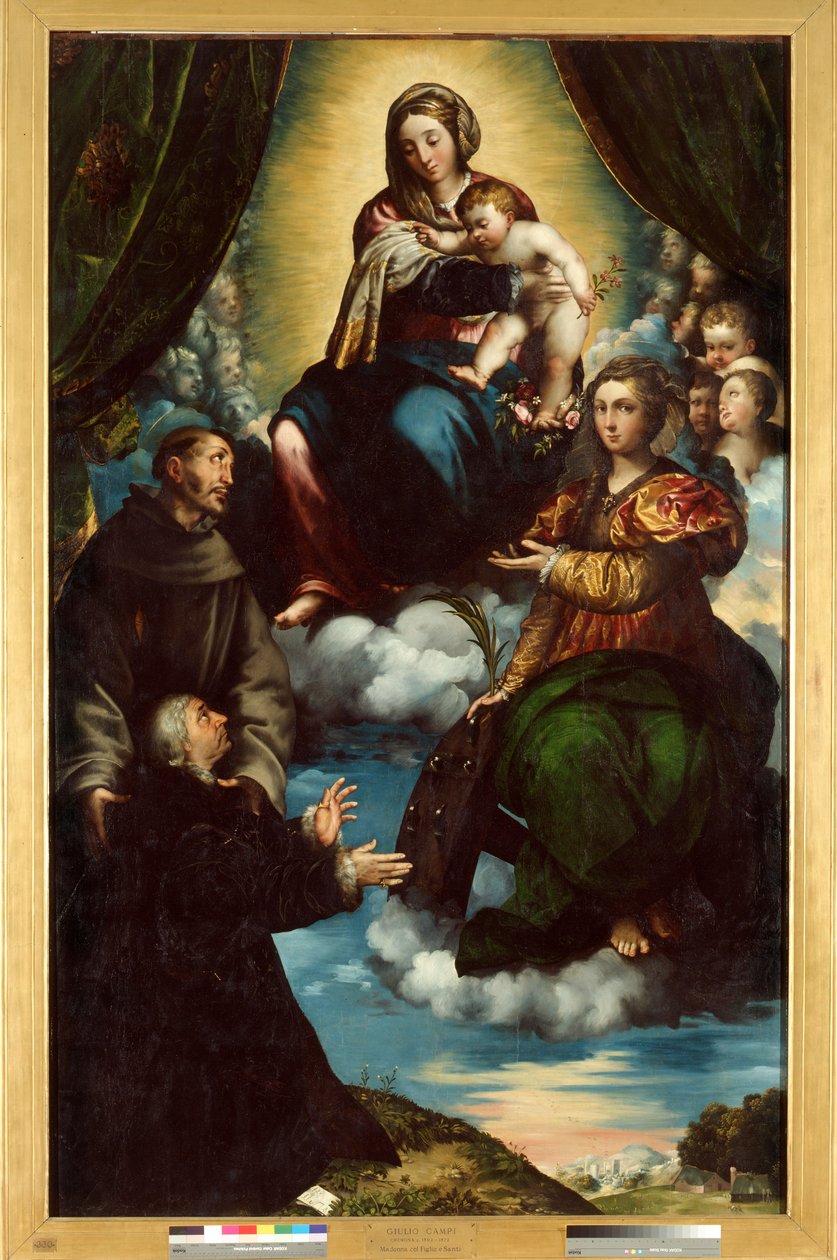 The Madonna and Child, Saint Catherine of Alesandria, Saint Francis and Pietro Martire Print av Giulio Campi