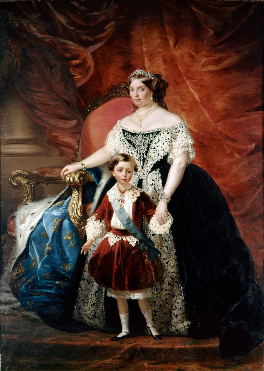 Portrait of Louise Marie de Berry (Marie Louise de Bourbon, Duchess of Parma and Piacenza) (1819 - 1864) with her son Roberto (1804 - 1907) (oil on canvas) av Giulio Carlini