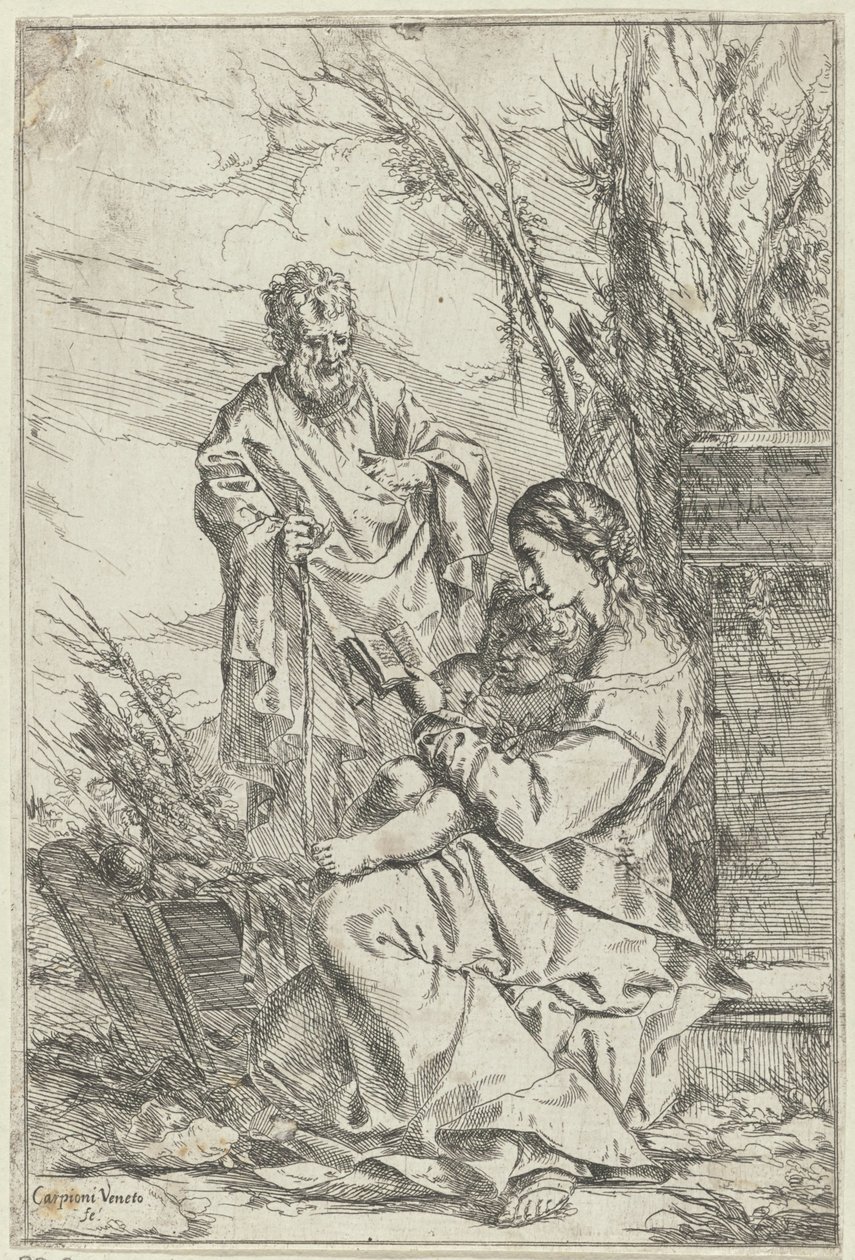 Den hellige familie leser med Maria av Giulio Carpioni (I)