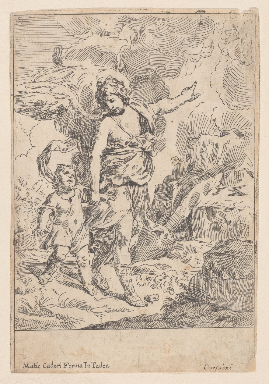 En skytsengel som går hånd i hånd med et lite barn, 1640-60. av Giulio Carpioni