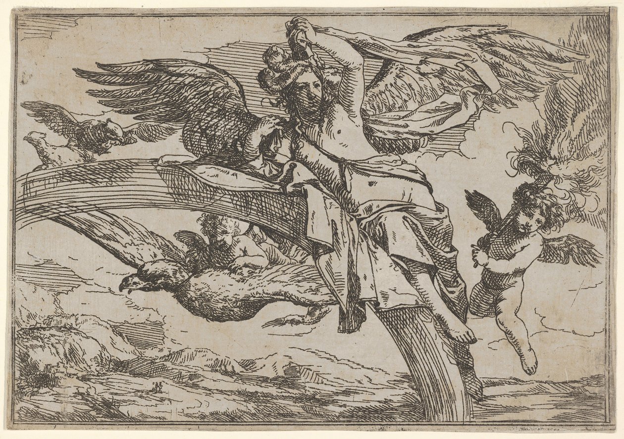 Luft, representert av Iris lenende på regnbuen, akkompagnert av en bevinget putto-bjørn..., 1640-60. av Giulio Carpioni
