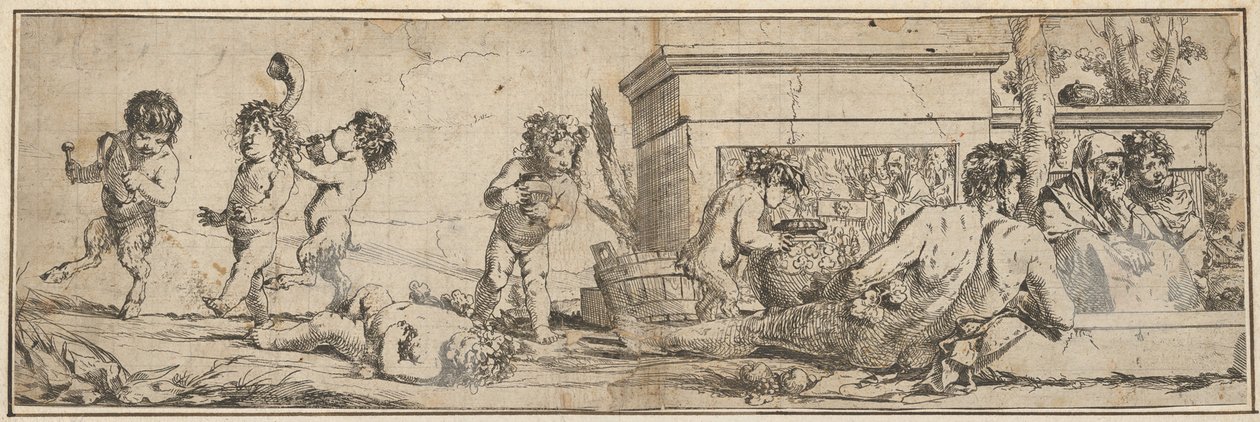 Bacchanal med spedbarnssatyrer og putti til venstre, en naken mannsskikkelse lener seg foran o..., 1633-78. av Giulio Carpioni