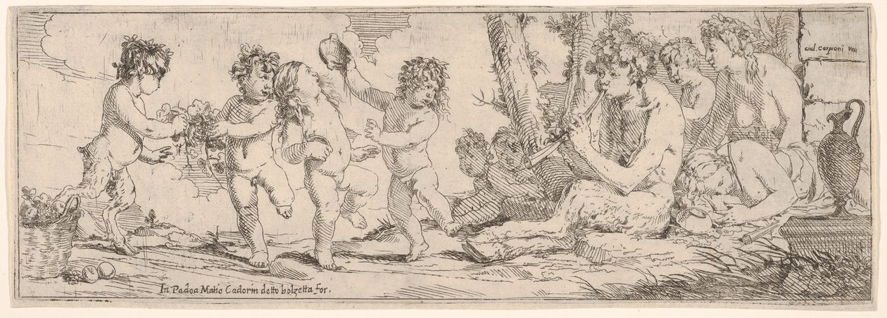 Bacchanal med satyr som spiller lut og omgitt av fire skikkelser, som ser mot en s..., 1640-60. av Giulio Carpioni