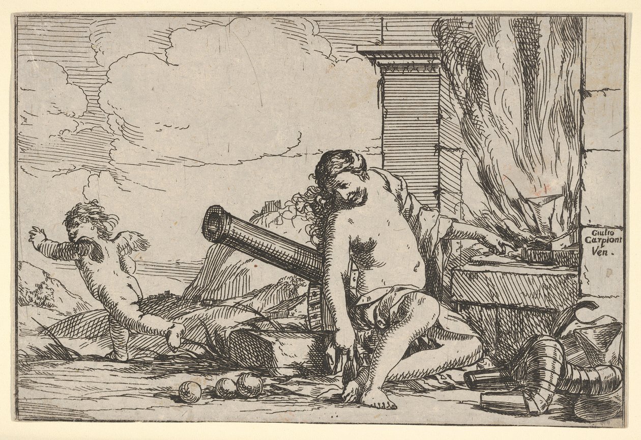 Brann, representert av Venus sittende foran Vulcans smiing, med rustning, en kanon og kanon..., 1640-60. av Giulio Carpioni