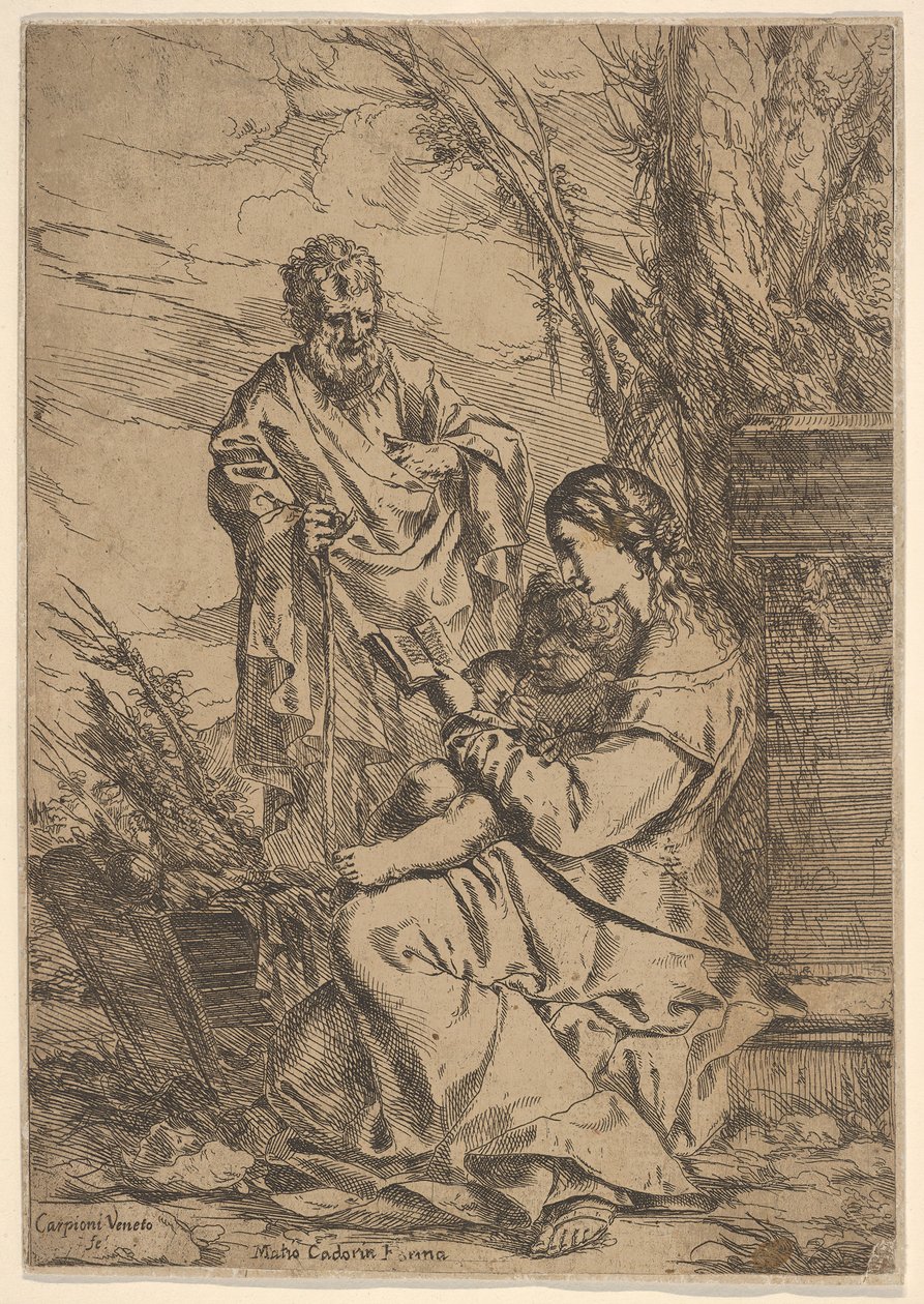 Hellig familie med jomfruen leser, jomfruen sitter i profil med en bok i venstre side..., 1640-60. av Giulio Carpioni