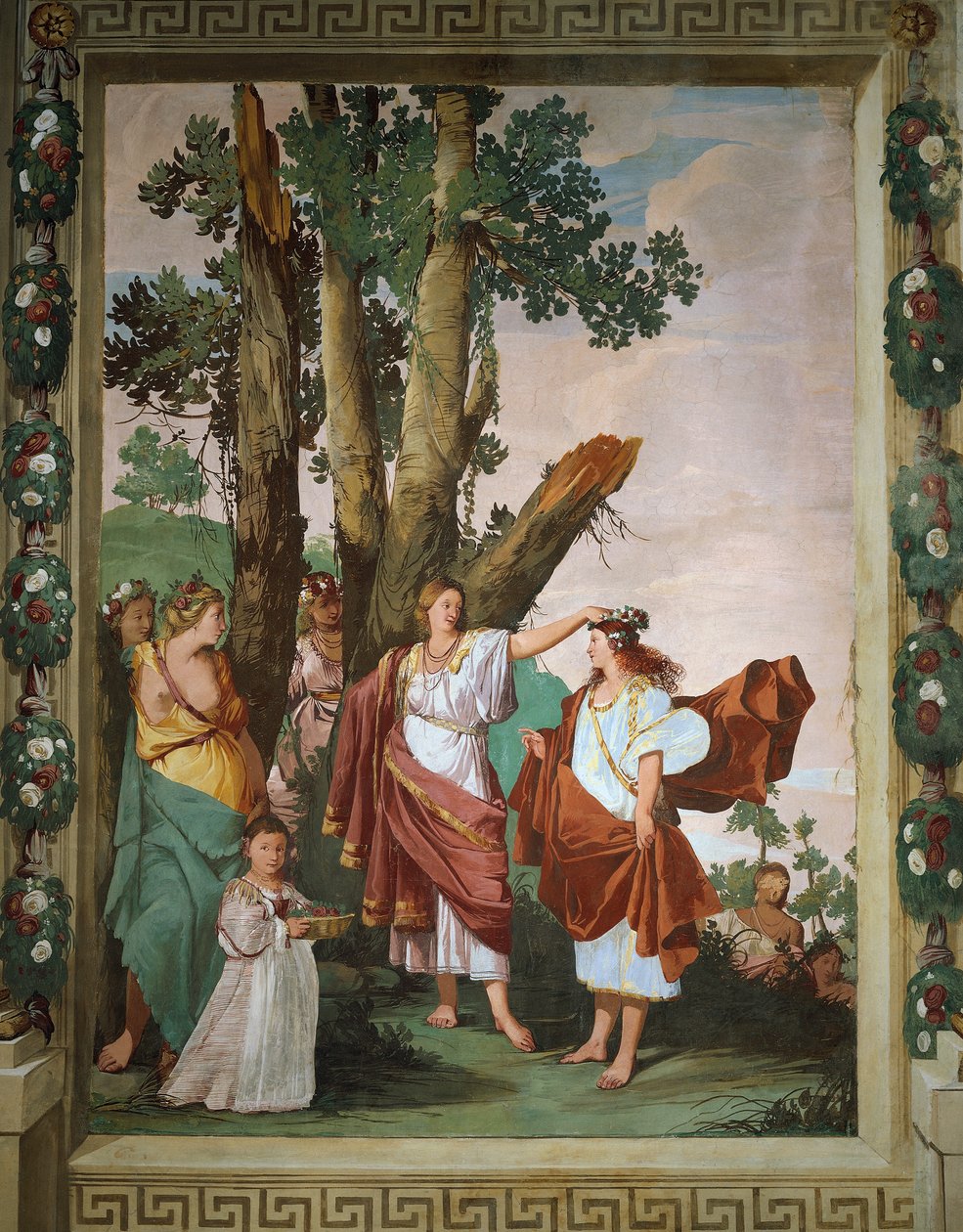 Nymfe Amaryllis kåret til vinner av kyssekonkurranse, freskomaleri av Giulio Carpioni, inspirert av pastoralspillet Den trofaste hyrden, av Giovanni Battista Guarini (1538-1612), Villa Caldogno (UNESCOs verdensarvliste av Giulio Carpioni