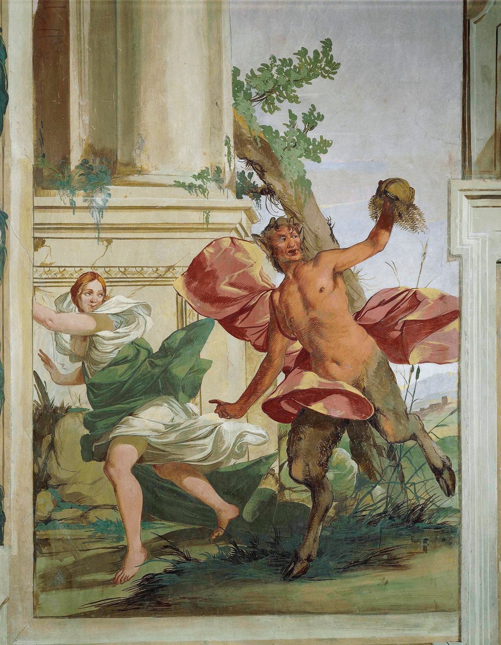 Nymfe Korsika jaget av Satyr som drar bort parykken hennes av Giulio Carpioni av Giulio Carpioni