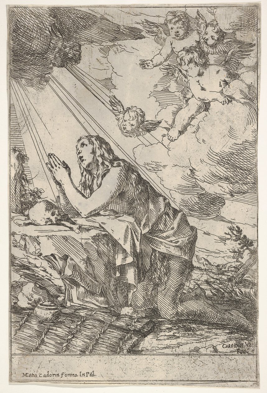 Anklagende Magdalen kneler på steinete grunn foran en hodeskalle og bein, en salve ..., ca. 1640-55. av Giulio Carpioni