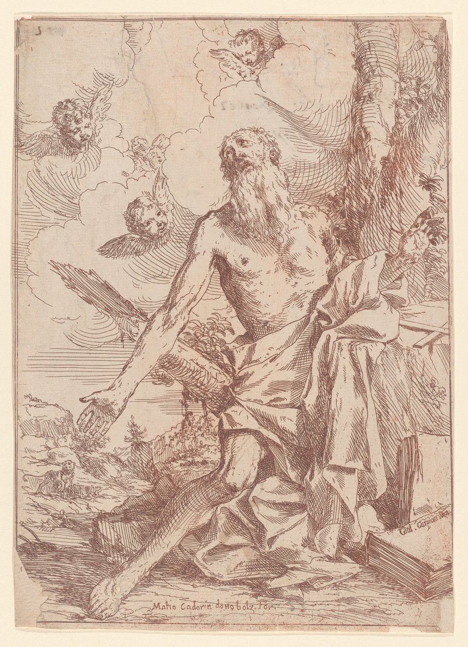 Saint Jerome kneler ved siden av et tre med armene utstrakt, 1640-60. av Giulio Carpioni