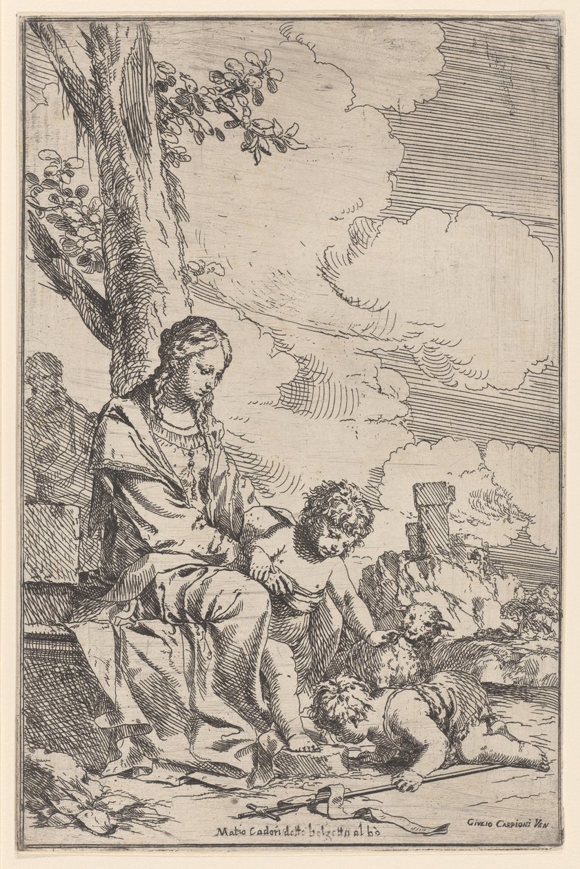 Den hellige familie med spedbarnet Saint John kysser Kristi føtter, 1640-60. av Giulio Carpioni