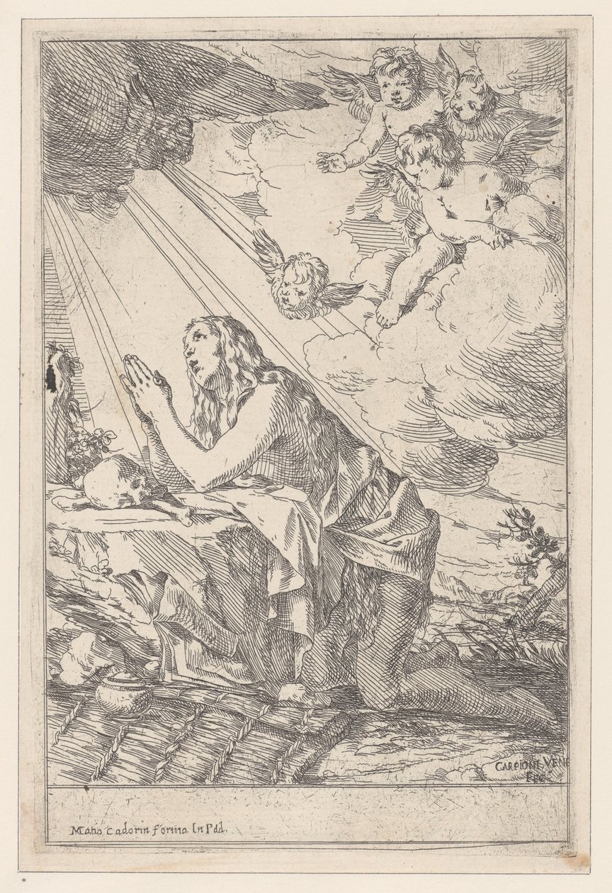 Den angrende Saint Mary Magdalene, knelende foran en hodeskalle og bein, 1640-60. av Giulio Carpioni