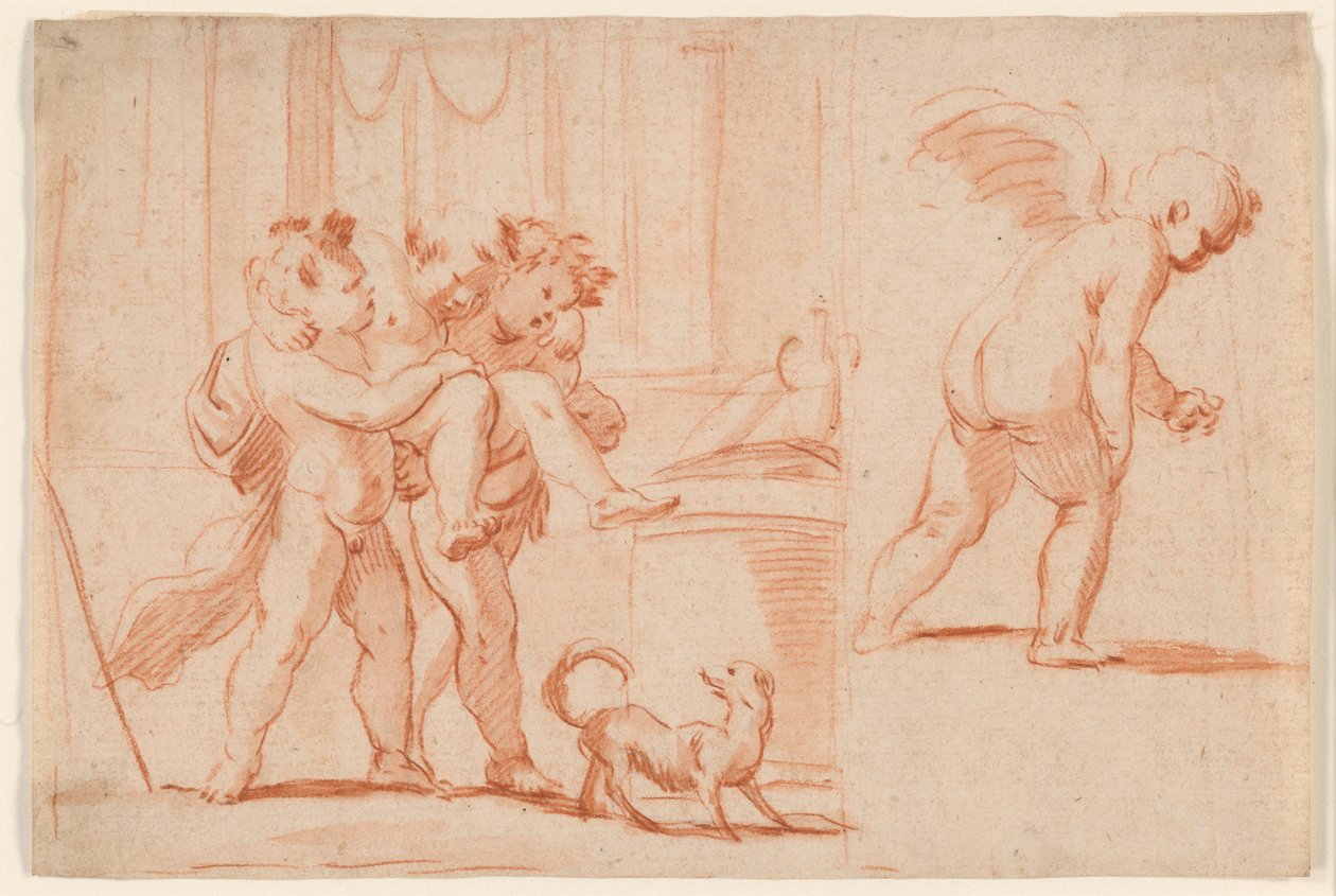 To Putti som bærer en tredje putto; Nok en Putto fra baksiden av Giulio Carpioni