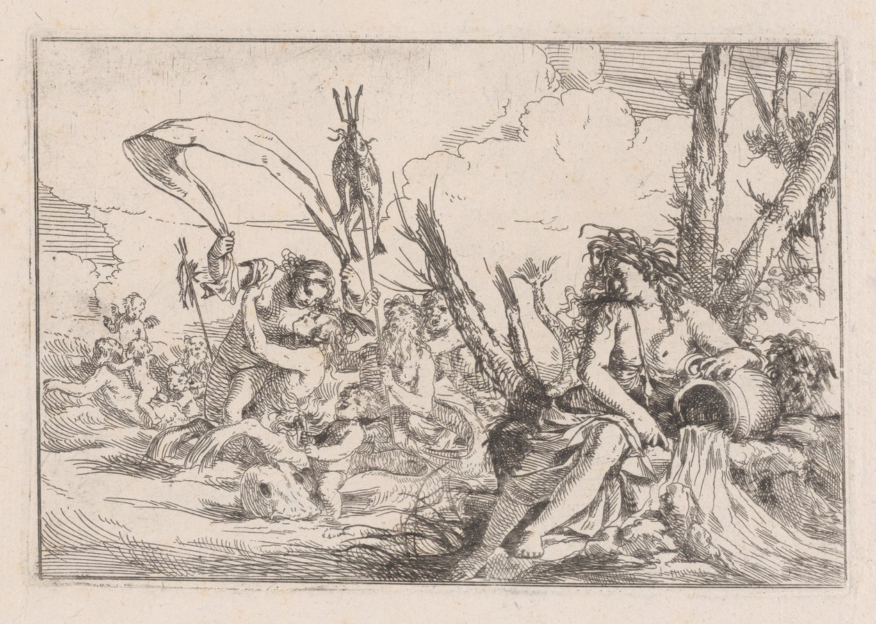 Vann, representert ved en naiad som sitter ved foten av et tre..., 1640-60. av Giulio Carpioni