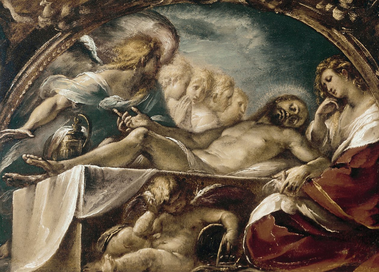 Den døde Kristus med engler. (olje på lerret av Giulio Cesare Procaccini