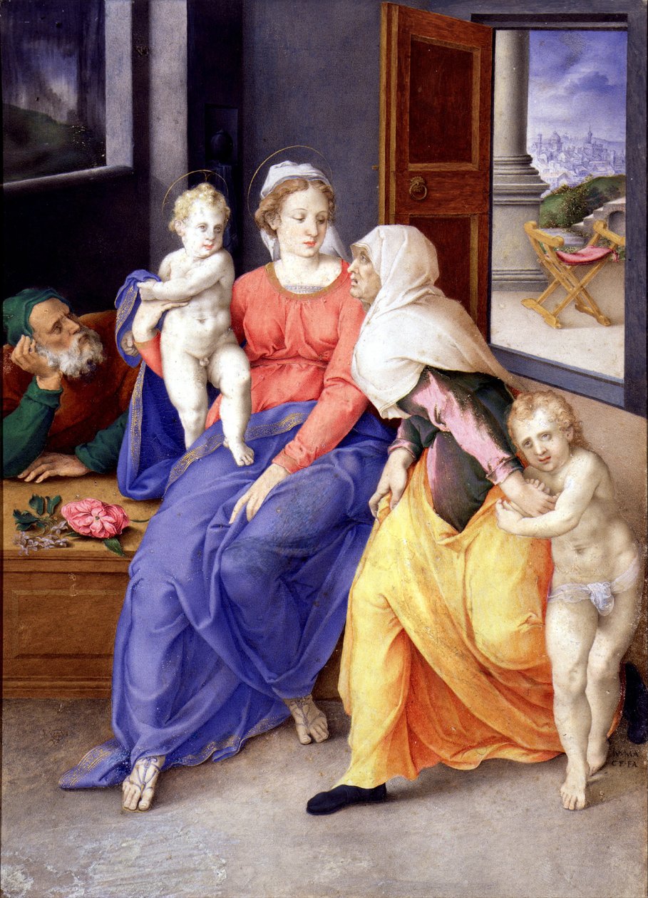 Den hellige familie med døperen Johannes som gutt og Saint Elizabeth, 1556-1557 av Giulio Clovio