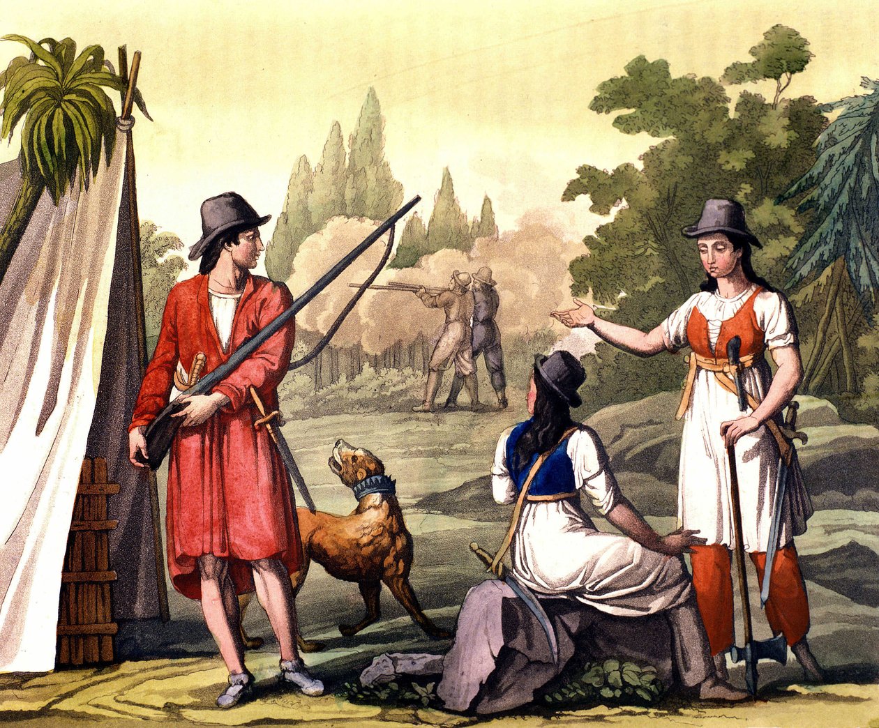 Buccaneers og kvinner flibustier: Piraten Jack Rackham sier Red eller John Rackham, bedre kjent som Calico Jack (? -1720) representert med Anne Bonny (Bonney) og Mary (Marc) Read i Vestindia. Tallerken hentet fra "" Det gamle og moderne kostymet"" av F av Giulio Ferrario
