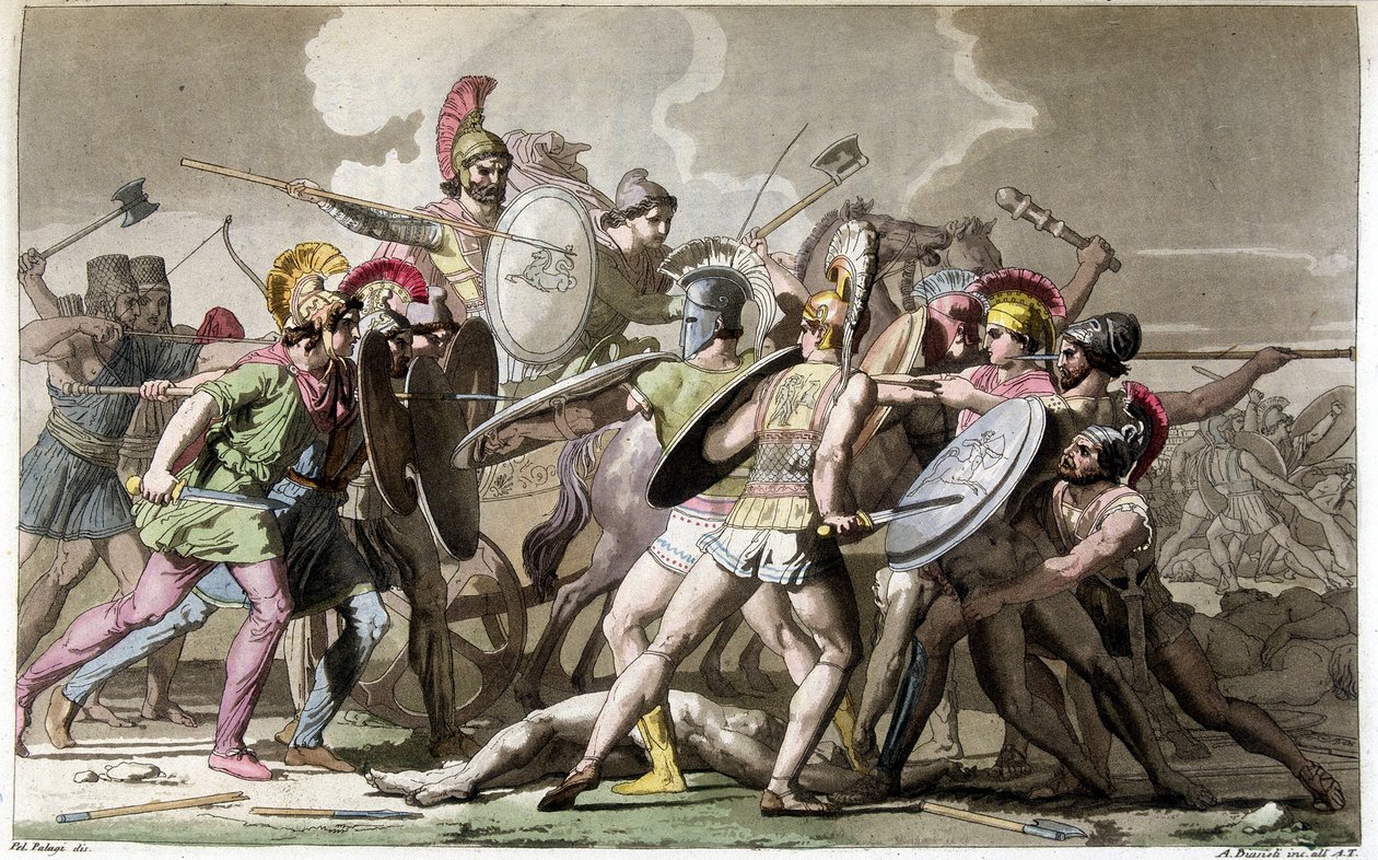 Kjemp for liket av Patroclus (Troy-krigen) - i "" The Ancient and Modern Costume"" av Ferrario, red. Milano av Giulio Ferrario