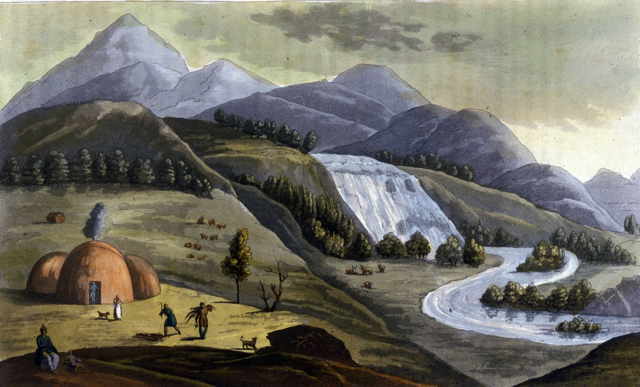Landskap i Lappland (territorier som tilhører Norge, Sverige, Finland og Russland), boliger for urbefolkningen (samer) i "" Den gamle og moderne drakten"" av Ferrario, red. Milan av Giulio Ferrario