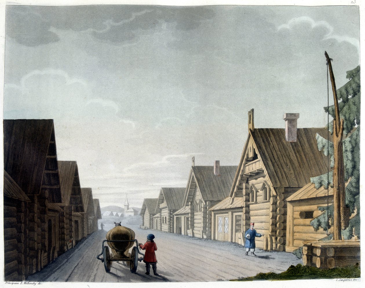 Russisk landsby - i "" Le costume ancien et moderne"" av Ferrario, red. Milan av Giulio Ferrario