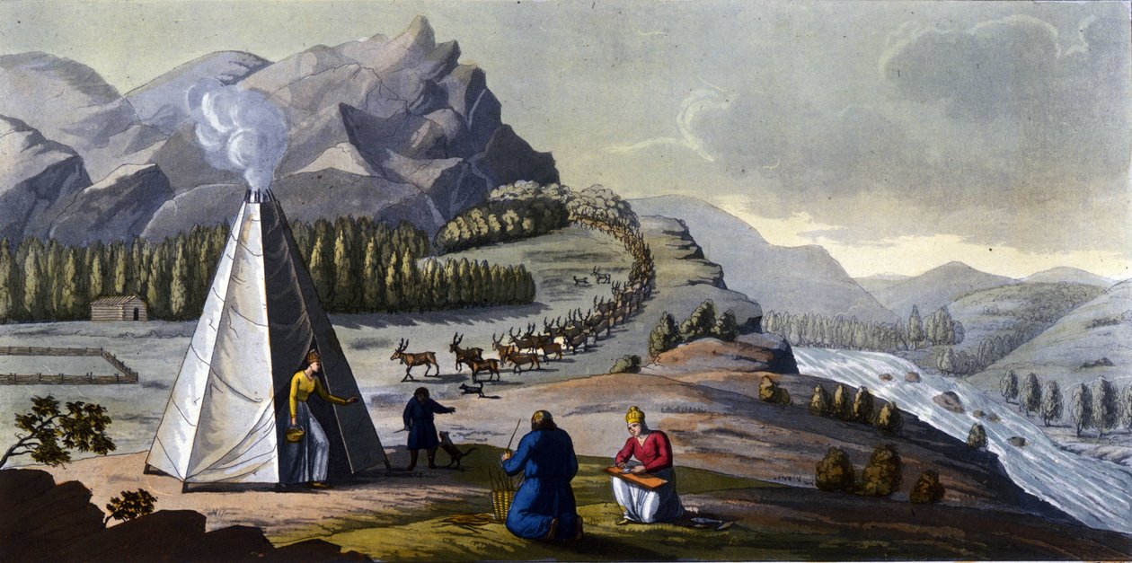 Samisk landskap: urfolk som bor i landene i de nordlige landene (Norge, Finland, Sverige og Russland) lager flettede kurver, renser fisken i nærheten av et telt. i "" Den gamle og moderne drakten"" av Ferrario, red. Milan av Giulio Ferrario