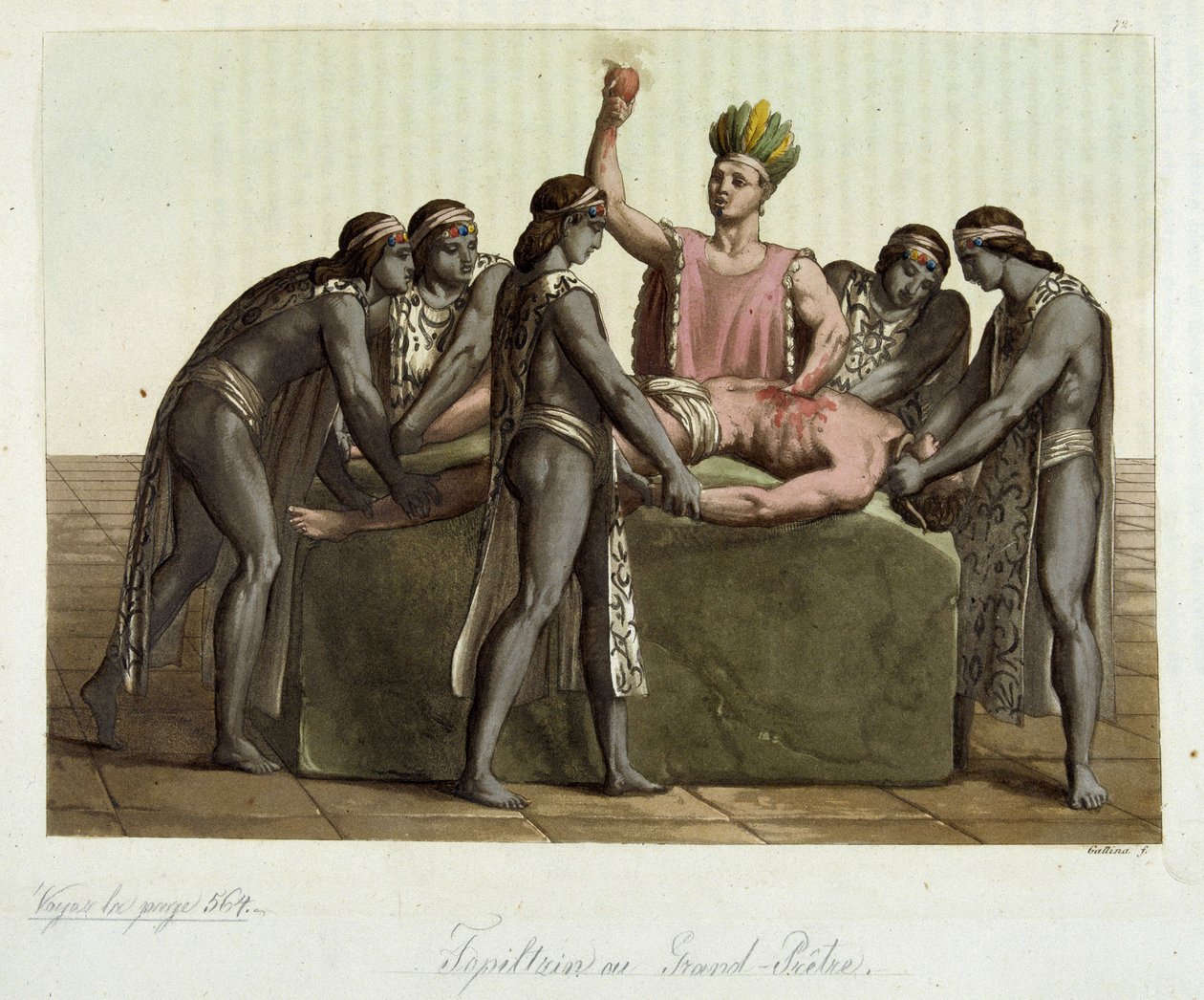 Topiltzin (yppersteprest for gamle meksikanske sivilisasjoner) som ofrer et menneske - i "" The Ancient and Modern Costume"" av Jules Ferrario av Giulio Ferrario