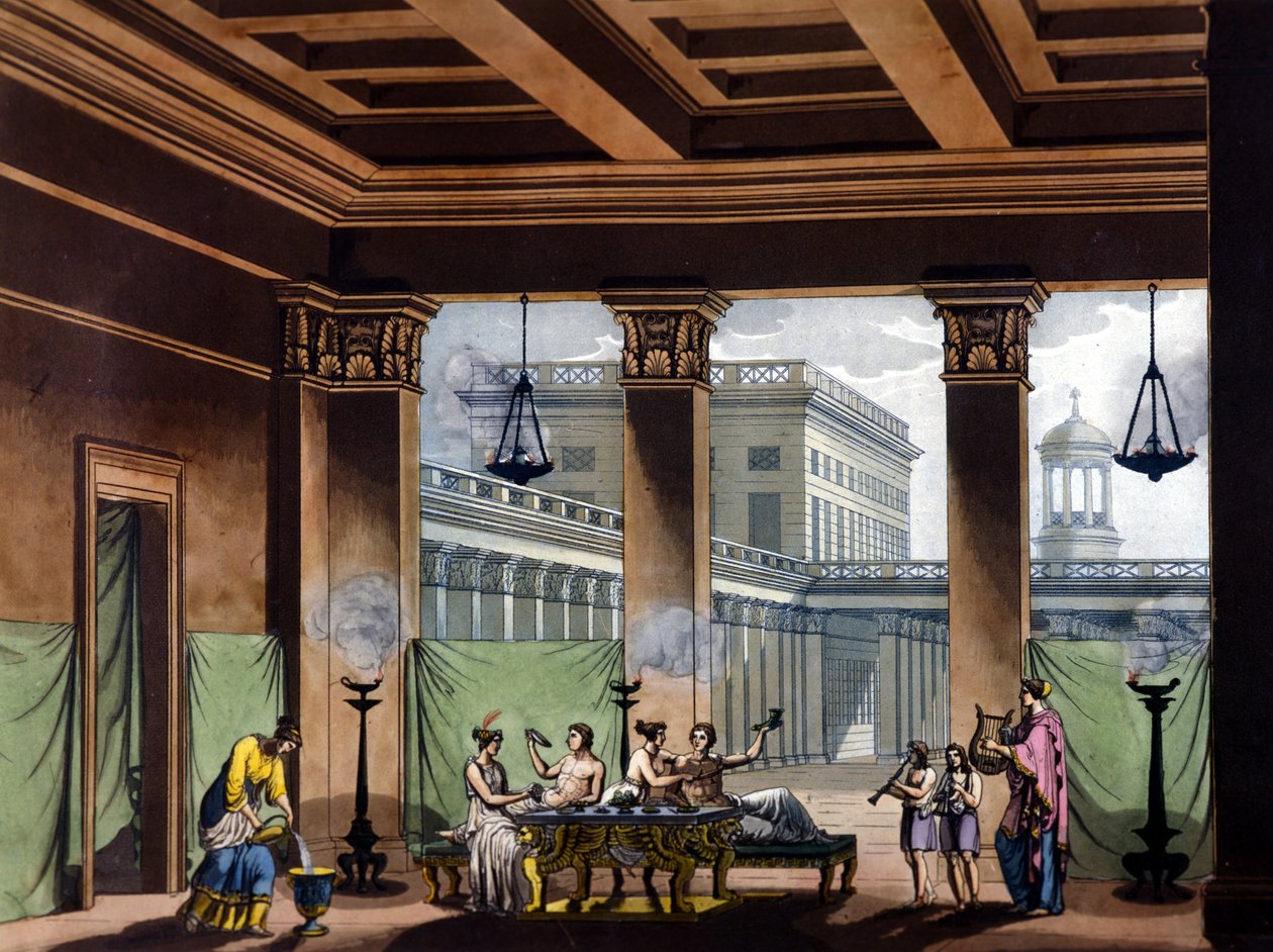 Triclinium tente oljelamper i antikkens Hellas: bankettscene - i Den gamle og moderne drakten av Jules Ferrario, red. Milan av Giulio Ferrario