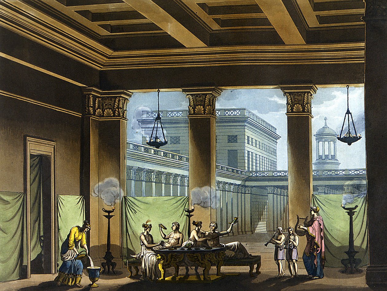 Triclinium opplyst med oljelamper i antikkens Hellas: bankettscene - i "" Den gamle og moderne drakten""" av Jules Ferrario, red. Milan av Giulio Ferrario