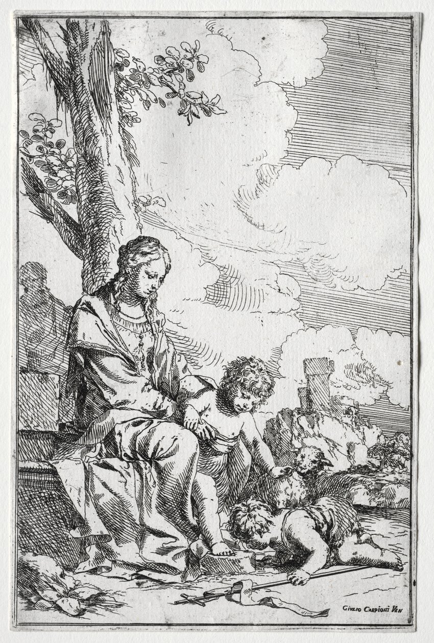 Hellig familie med spedbarnet St. John. av Giulio I Carpioni