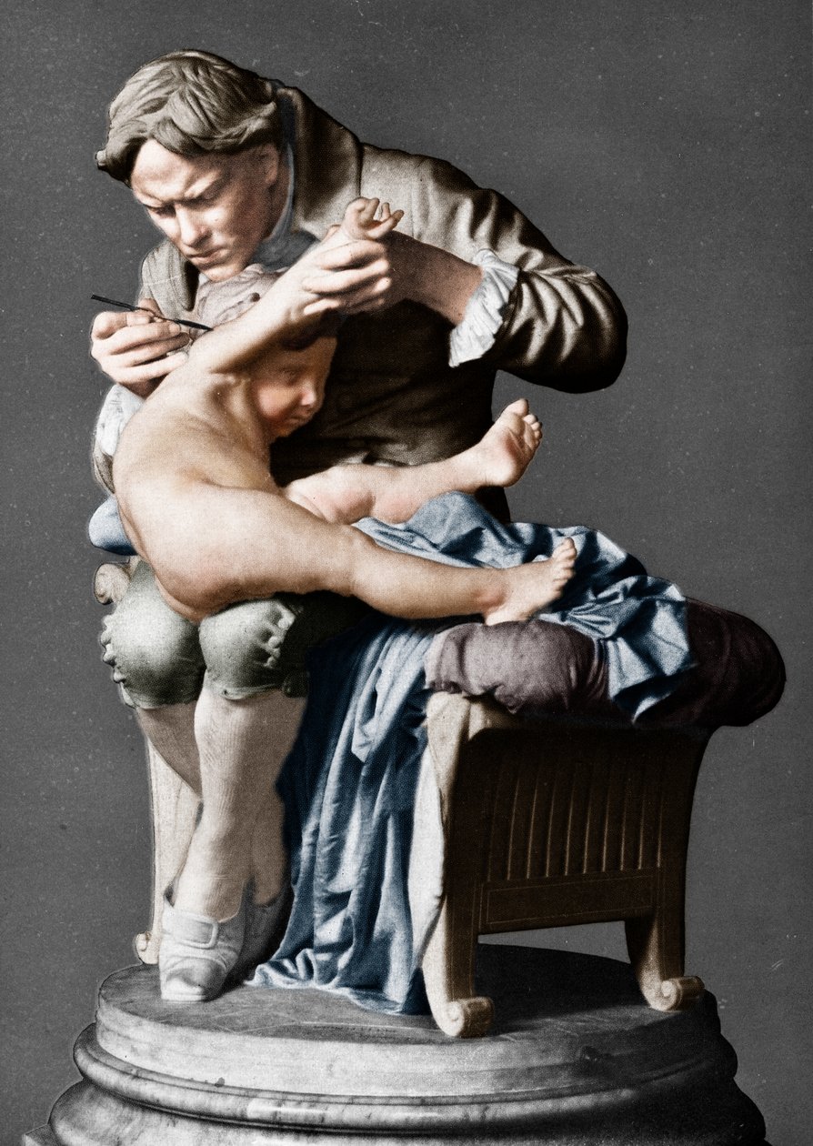 Edward Jenner, engelsk lege, vaksinerer sønnen sin, c1796 c1900. av Giulio Monteverde